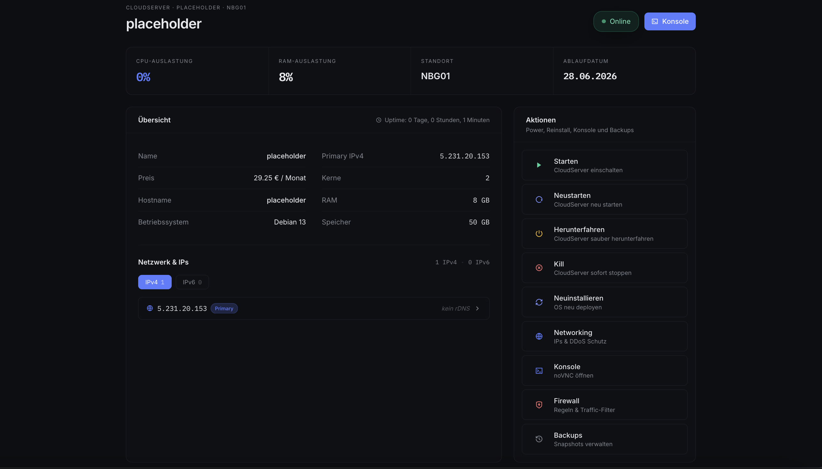 CubeHosting modernes Cloud Server Panel